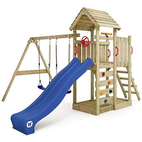 WICKEY Spielturm Klettergerüst MultiFlyer mit Holzdach, Schaukel & Blauer Rutsche, Outdoor Kinder Kletterturm mit Sandkasten, Leiter & Spiel-Zubehör für den...