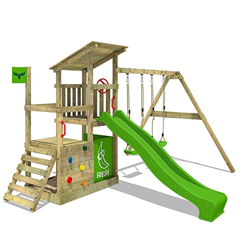 FATMOOSE Spielturm Klettergerüst FruityForest Fun XXL mit Schaukel & apfelgrüner Rutsche, Outdoor Kinder Kletterturm mit Sandkasten, Leiter & Spiel-Zubehör...